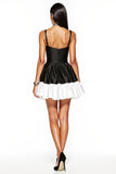 Satin Black and White Patchwork A Line Short Cocktail Dress with Ruffles