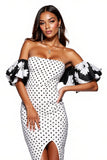 Midi White and Black Floral Strapless Tight Polka Dot Dress with Slit