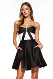 Black and White Strapless Satin Short Cocktail Dress with Pockets