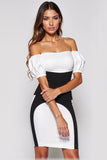 Black and White Patchwork Puff Sleeves Mini Tight Cocktail Dress