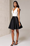 A Line Black and White Patchwork Deep V-Neck Short Satin Cocktail Dress