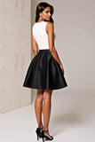 A Line Black and White Patchwork Deep V-Neck Short Satin Cocktail Dress