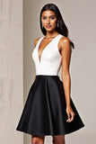 A Line Black and White Patchwork Deep V-Neck Short Satin Cocktail Dress