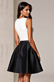 A Line Black and White Patchwork Deep V-Neck Short Satin Cocktail Dress
