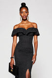 Maxi Black and White Off the Shoulder Mermaid Polka Dot Dress with Slit