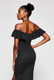 Maxi Black and White Off the Shoulder Mermaid Polka Dot Dress with Slit