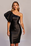 Short Black One Shoulder Satin Tight Cocktail Dress with Ruffles