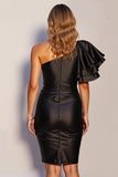 Short Black One Shoulder Satin Tight Cocktail Dress with Ruffles