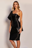 Short Black One Shoulder Satin Tight Cocktail Dress with Ruffles