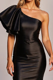 Short Black One Shoulder Satin Tight Cocktail Dress with Ruffles