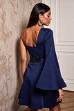 Navy Satin One Shoulder Tight Short Cocktail Dress with Slit
