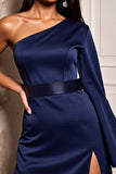 Navy Satin One Shoulder Tight Short Cocktail Dress with Slit