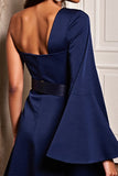 Navy Satin One Shoulder Tight Short Cocktail Dress with Slit