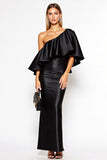 Sheath One Shoulder Satin Maxi Black Tie Dress with Ruffles