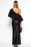 Sheath One Shoulder Satin Maxi Black Tie Dress with Ruffles