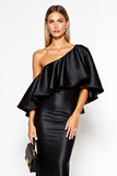 Sheath One Shoulder Satin Maxi Black Tie Dress with Ruffles