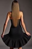 Tight Short Black Strapless Satin Cocktail Dress with Ruffles