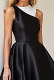 Satin A Line Black and White Patchwork Short Cocktail Dress