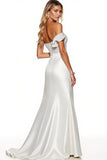 Elegant White Sheath Polka Dots Maxi Satin Formal Dress with Slit