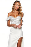 Elegant White Sheath Polka Dots Maxi Satin Formal Dress with Slit