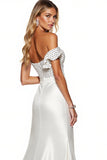 Elegant White Sheath Polka Dots Maxi Satin Formal Dress with Slit