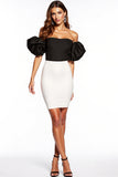 Short Tight Black and White Strapless Puff Sleeves Cocktail Dress