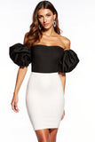 Short Tight Black and White Strapless Puff Sleeves Cocktail Dress