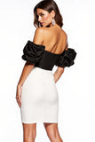 Short Tight Black and White Strapless Puff Sleeves Cocktail Dress