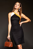 Black Patchwork One Shoulder Short Bodycon Cocktail Dress
