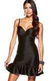 Black Satin Spaghetti Straps Mini Tight Cocktail Dress with Ruffles