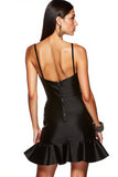 Black Satin Spaghetti Straps Mini Tight Cocktail Dress with Ruffles