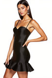 Black Satin Spaghetti Straps Mini Tight Cocktail Dress with Ruffles