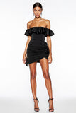 Black Off the Shoulder Mini Satin Cocktail Dress with Ruffles