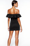 Black Off the Shoulder Mini Satin Cocktail Dress with Ruffles