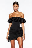 Black Off the Shoulder Mini Satin Cocktail Dress with Ruffles