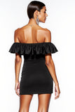 Black Off the Shoulder Mini Satin Cocktail Dress with Ruffles