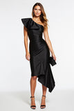 Black Satin One Shoulder Tight Asymmetrical Cocktail Dress with Ruffles