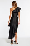 Black Satin One Shoulder Tight Asymmetrical Cocktail Dress with Ruffles
