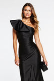 Black Satin One Shoulder Tight Asymmetrical Cocktail Dress with Ruffles
