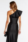 Black Satin One Shoulder Tight Asymmetrical Cocktail Dress with Ruffles