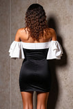 Black and White Patchwork Ruffled Mini Tight Cocktail Dress with Sleeves