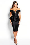 Midi Black Corset Off the Shoulder Satin Cocktail Dress with Ruffles