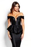 Midi Black Corset Off the Shoulder Satin Cocktail Dress with Ruffles