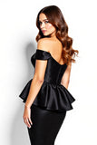Midi Black Corset Off the Shoulder Satin Cocktail Dress with Ruffles