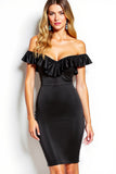 Black Off the Shoulder Short Satin Tight Cocktail Dress with Ruffles