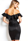 Black Off the Shoulder Short Satin Tight Cocktail Dress with Ruffles