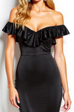Black Off the Shoulder Short Satin Tight Cocktail Dress with Ruffles