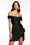 Satin Short Black Off the Shoulder Ruched Cocktail Dress with Ruffles