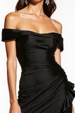 Satin Short Black Off the Shoulder Ruched Cocktail Dress with Ruffles