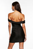 Satin Short Black Off the Shoulder Ruched Cocktail Dress with Ruffles